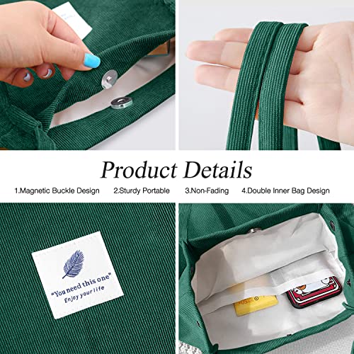 LHMTQVK Corduroy Tote Bags for Women, Large Capacity Corduroy Bag Reusable Grocery Shoulder Bag with Inner Pockets (Emerald) - Image 4