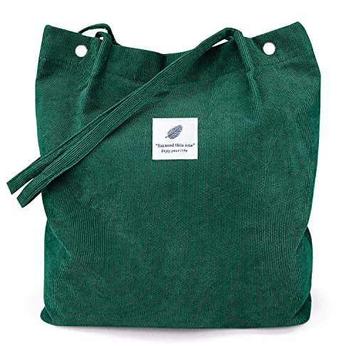 LHMTQVK Corduroy Tote Bags for Women, Large Capacity Corduroy Bag Reusable Grocery Shoulder Bag with Inner Pockets (Emerald) - Image 1