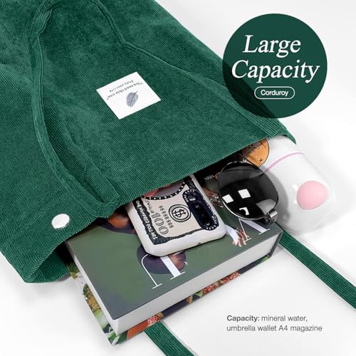 LHMTQVK Corduroy Tote Bags for Women, Large Capacity Corduroy Bag Reusable Grocery Shoulder Bag with Inner Pockets (Emerald) - Image 3