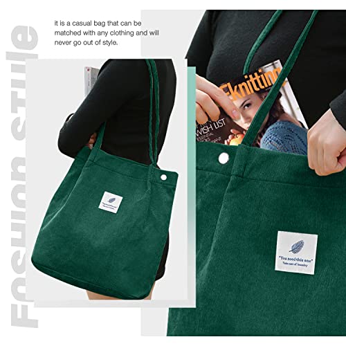 LHMTQVK Corduroy Tote Bags for Women, Large Capacity Corduroy Bag Reusable Grocery Shoulder Bag with Inner Pockets (Emerald) - Image 5