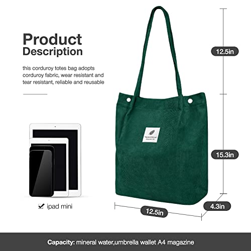 LHMTQVK Corduroy Tote Bags for Women, Large Capacity Corduroy Bag Reusable Grocery Shoulder Bag with Inner Pockets (Emerald) - Image 2