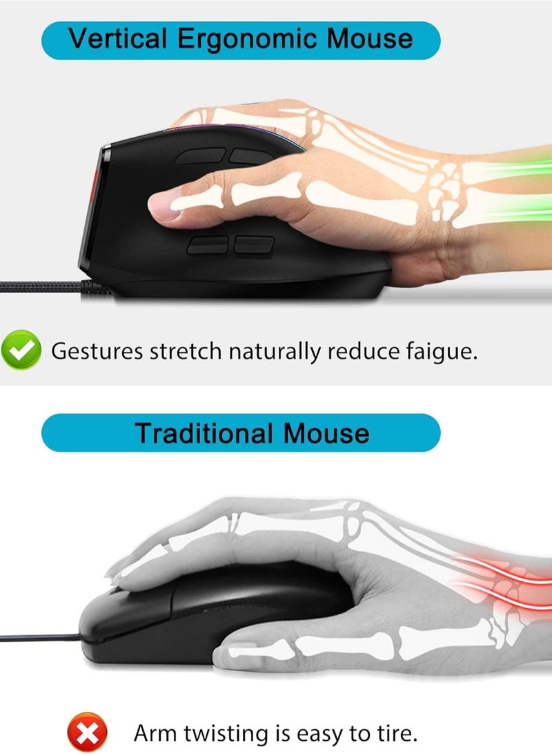 Wired gaming mouse, ergonomic mouse with 12800 DPI/9 programmable ons, onboard memory, lightweight vertical optical gaming mouse (black) suitable for Windows/PC/laptop/e-sports/gaming consoles - Image 4