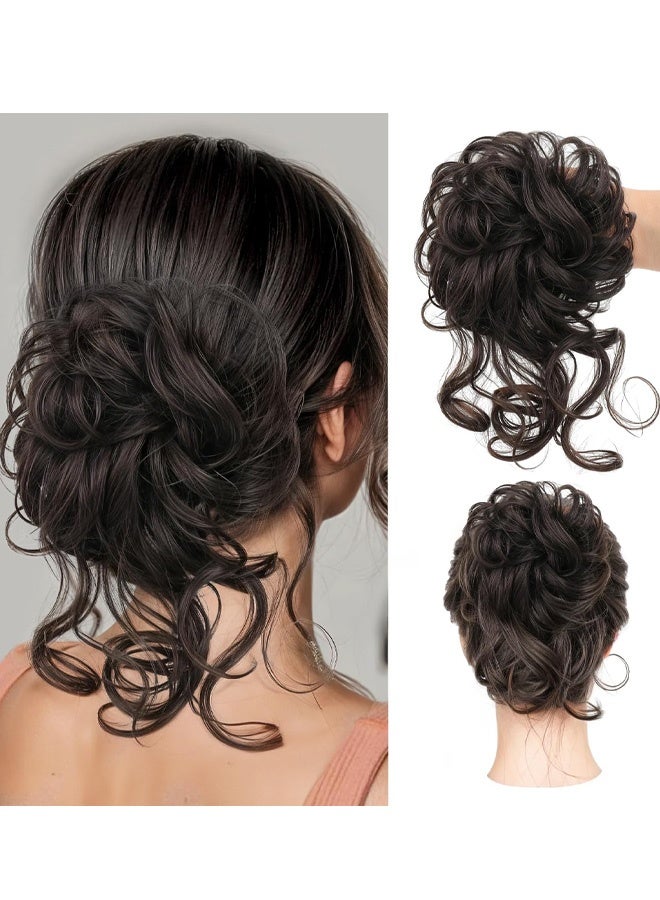 قطعة شعر على شكل كعكة فوضوية، قطعة شعر على شكل كعكة مموجة ومجعدة، قطعة شعر مرفوعة فوضوية، كعكة شعر صناعية، قطع شعر صناعية على شكل كعكة فوضوية للنساء والفتيات (بني أسود) - Image 1
