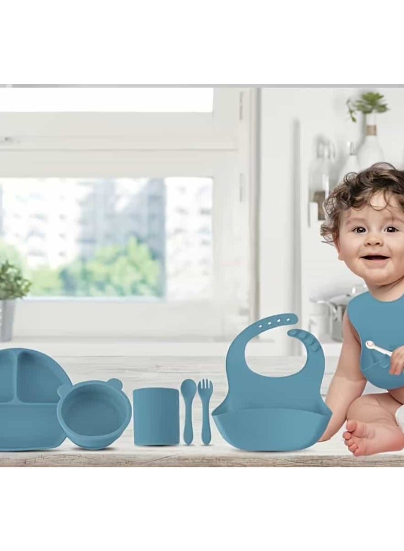Lotus Rose 7-Piece Baby Silicone Feeding Set with Toothbrush – BPA-Free, Food-Grade, Safe Self-Feeding & Weaning Kit for Babies – Baby Blue or Yellow - Image 2