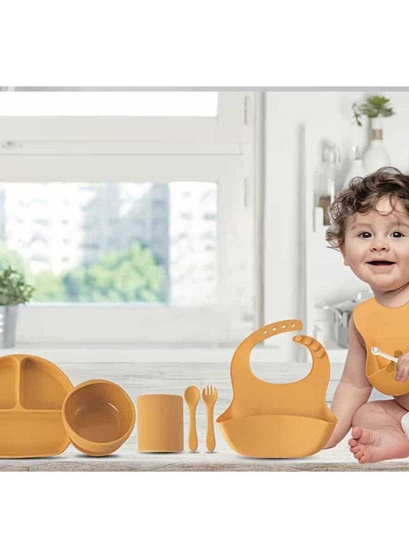 Lotus Rose 7-Piece Baby Silicone Feeding Set with Toothbrush – BPA-Free, Food-Grade, Safe Self-Feeding & Weaning Kit for Babies – Baby Blue or Yellow - Image 1