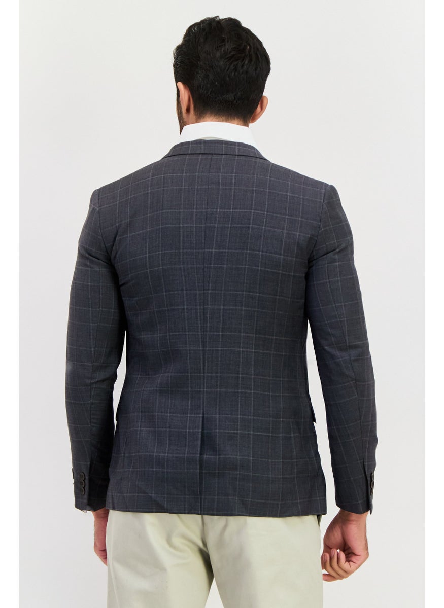 SELECTED Men Slim Fit Plaid Semi-Formal Blazer, Grey  - Image 2