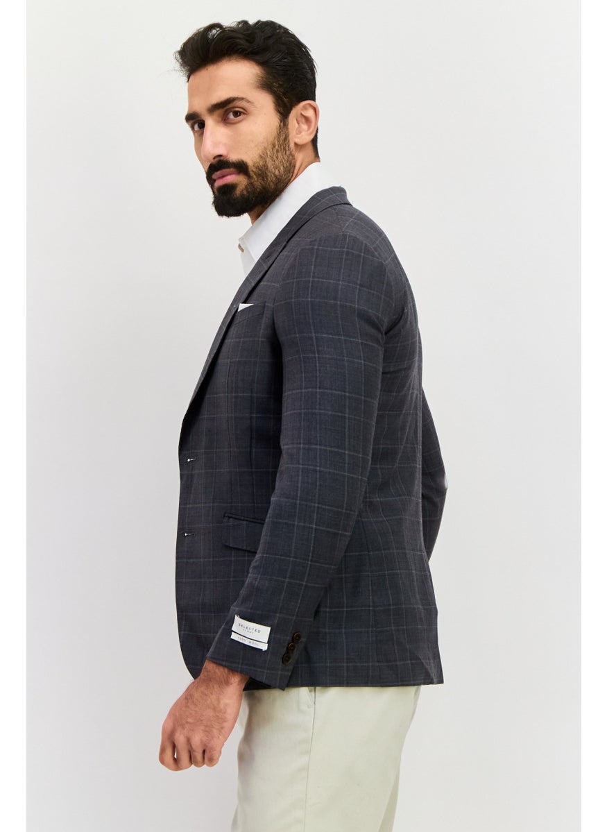 SELECTED Men Slim Fit Plaid Semi-Formal Blazer, Grey  - Image 3