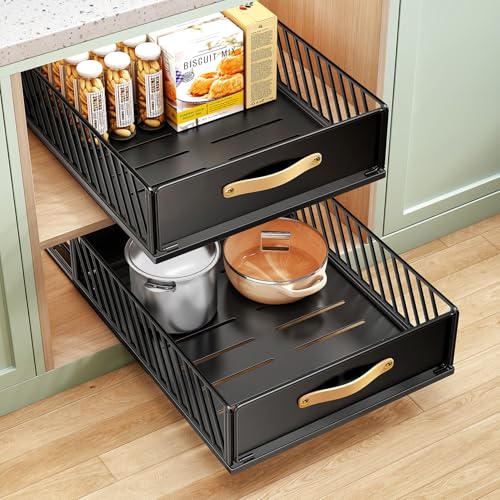 Kitstorack Pull out Cabinet OrganizerHeavy Duty Slide out Pantry Shelves Drawer Storage with Adhesive Nano FilmSliding Mesh Cabinet Basket with Handle for Kitchen Bathroom Home 138W X 21D X62HBlack - Image 1