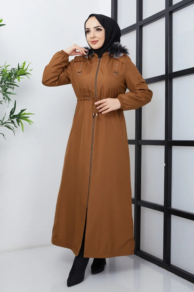 كي ام كي كومبين KMK Combined Patterned Waist Belted Under Lining Fiber Hat Furry Long Coat & Jacket