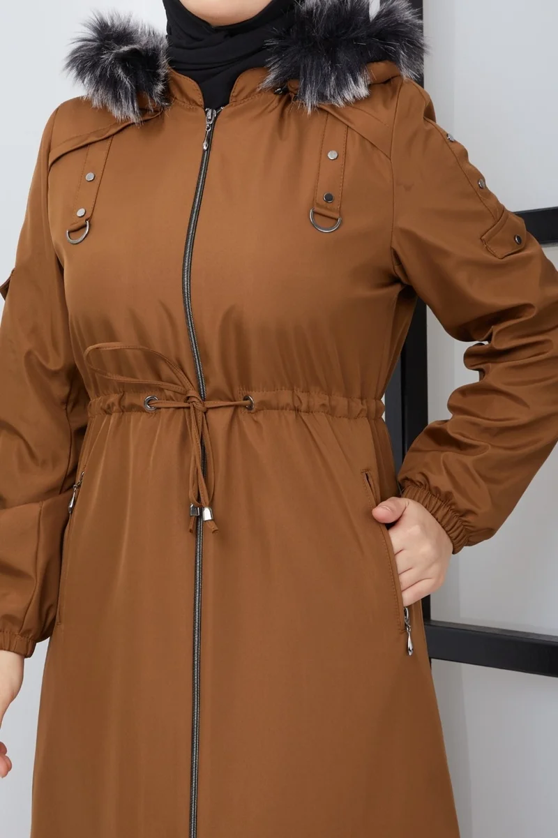 كي ام كي كومبين KMK Combined Patterned Waist Belted Under Lining Fiber Hat Furry Long Coat & Jacket