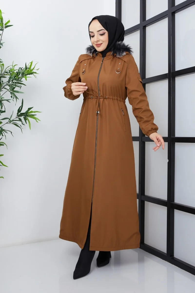 كي ام كي كومبين KMK Combined Patterned Waist Belted Under Lining Fiber Hat Furry Long Coat & Jacket
