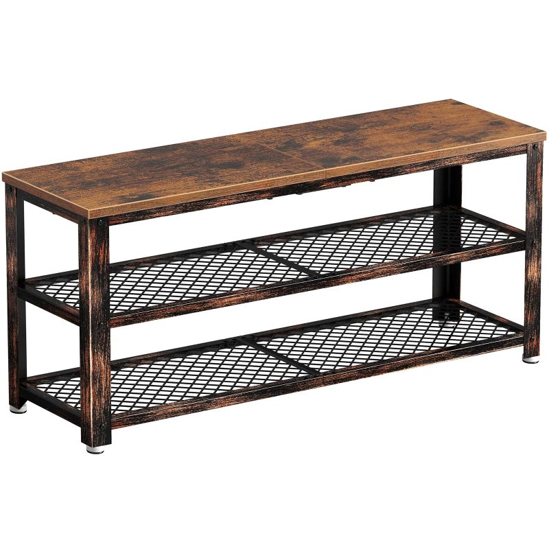 Rolanstar Rolanstar Shoe Bench 3Tier Shoe Rack 394 Storage Entry Bench with Mesh Shelves Wood Seat Rustic Foyer Bench for Hallway Front Door Doorway Living Room Mudroom Steel Frame Rustic Brown