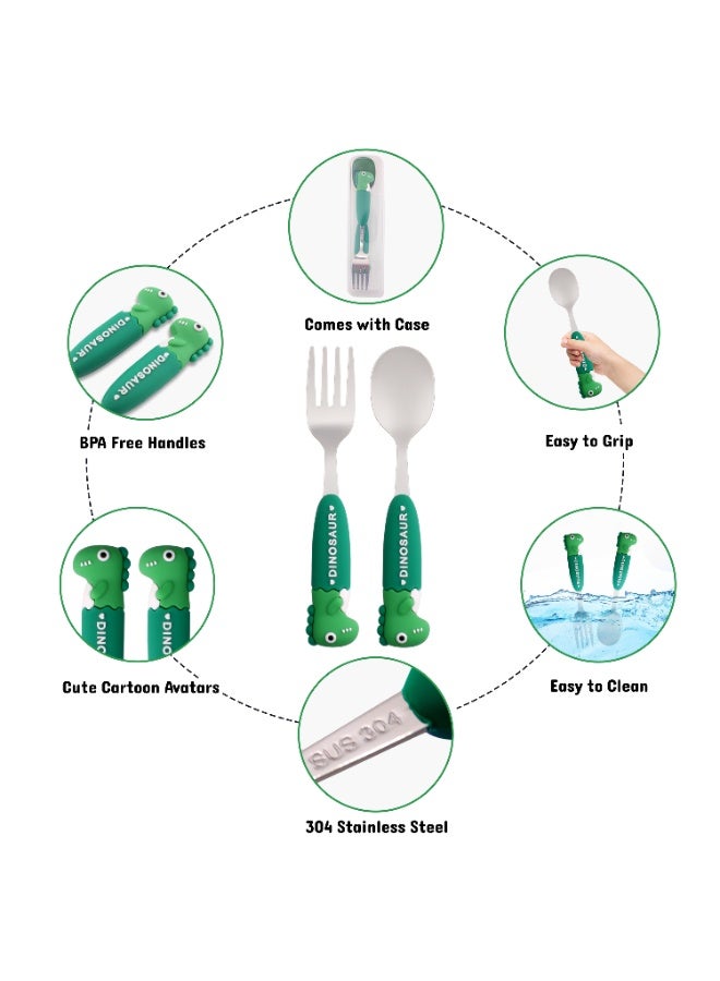 CRAVISTA Kids Cutlery Set with Case for School | Toddler Utensils Stainless Steel Kids Spoon and Fork Set | Dinosaur Cutlery Set for Lunch Box | Childrens Tableware Flatware for Toddlers (Green) - Image 3