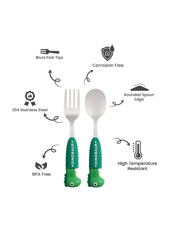 CRAVISTA Kids Cutlery Set with Case for School | Toddler Utensils Stainless Steel Kids Spoon and Fork Set | Dinosaur Cutlery Set for Lunch Box | Childrens Tableware Flatware for Toddlers (Green) - Image 2