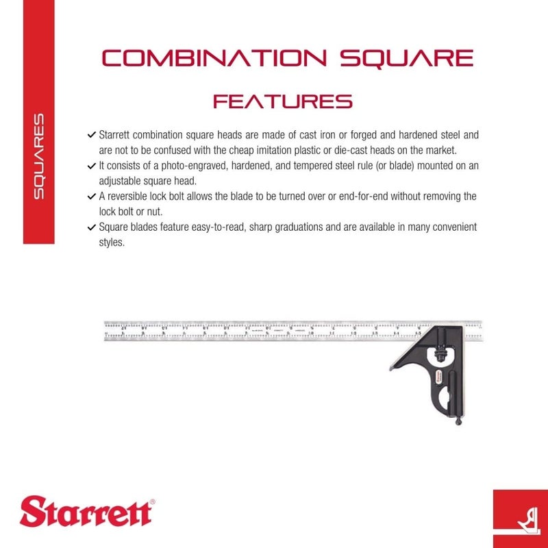 Starrett Steel Combination Square with Square Head - 18" Blade Length, Forged and Hardened Steel Heads, Reversible Lock Bolt, Scriber, Spirit Level, 4R Graduation Type - C33H-18-4R - Image 2