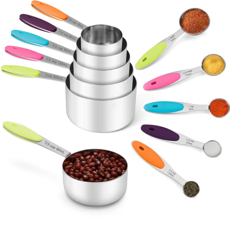 Joyhill Stainless Steel Measuring Cups and Spoons Set of 10 Piece Nesting Metal Measuring Cups Set with Soft Touch Silicone Handles for Dry and Liquid Ingredients Cooking Baking Pink
