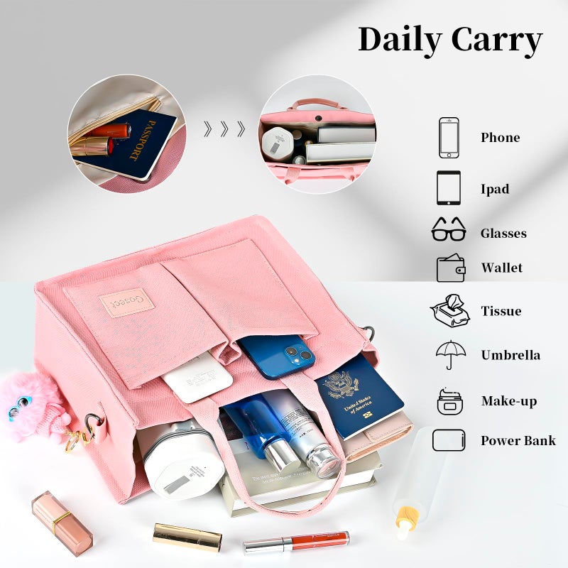 Gosect Canvas Tote Bag for Women With Pockets,Large Work Tote Bags Womens, Laptop Crossbody Purses Everything Everyday Bag Handbags lunch bag for Travel Work (Pink) - Image 4