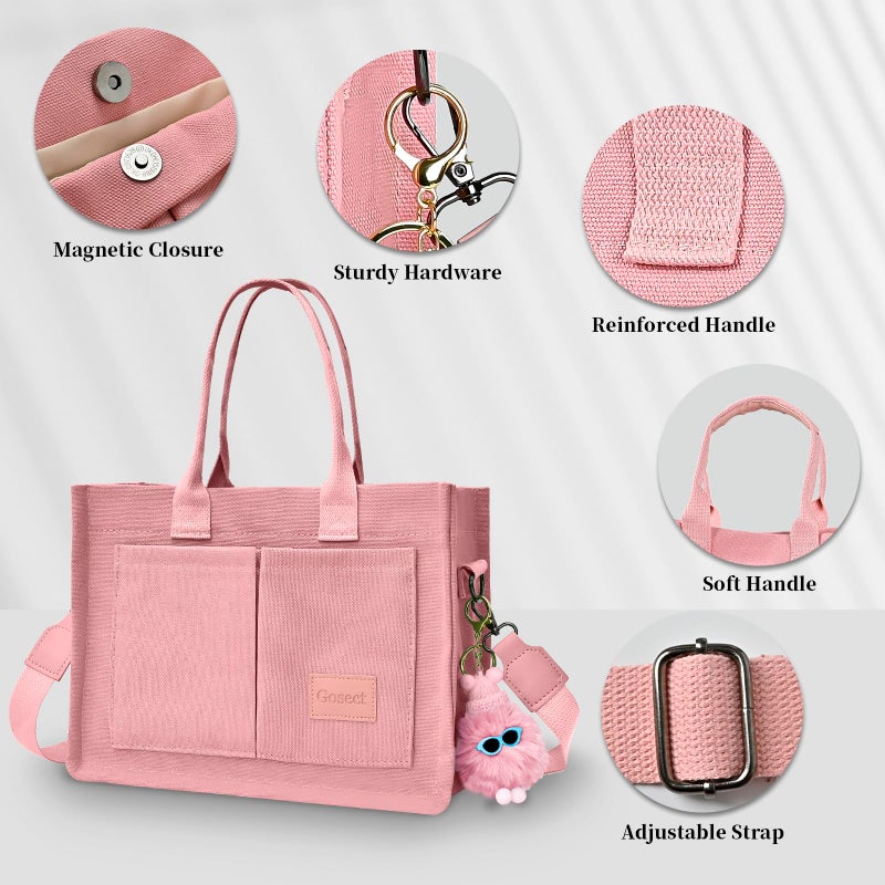 Gosect Canvas Tote Bag for Women With Pockets,Large Work Tote Bags Womens, Laptop Crossbody Purses Everything Everyday Bag Handbags lunch bag for Travel Work (Pink) - Image 5