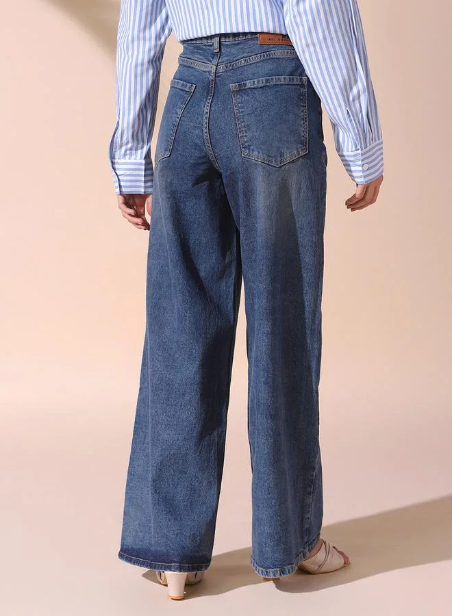 دينيس لينغو Women's Indigo 100% Cotton Solid Pattern Full Length Relaxed Jeans