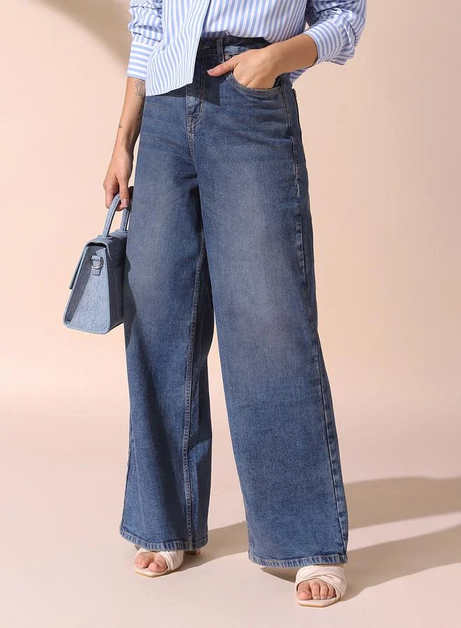 دينيس لينغو Women's Indigo 100% Cotton Solid Pattern Full Length Relaxed Jeans