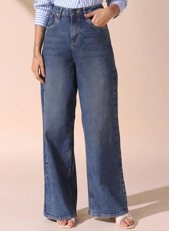 دينيس لينغو Women's Indigo 100% Cotton Solid Pattern Full Length Relaxed Jeans