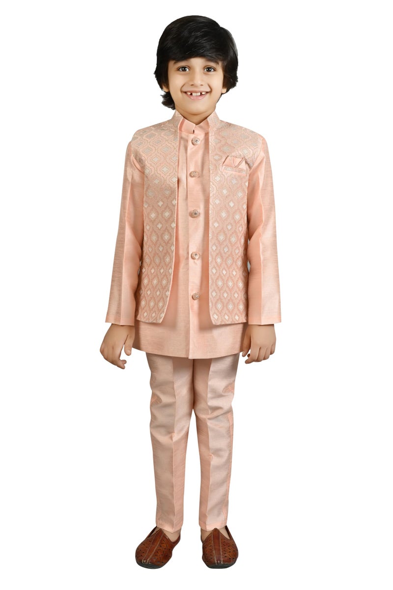 AHHAAAA Kids Indian Ethnic Velvet Solid Waistcoat Silk Kurta Pyjama Set Bollywood Style Wedding Ethnic for Boys (Pink, 2-3 Years) - Image 1