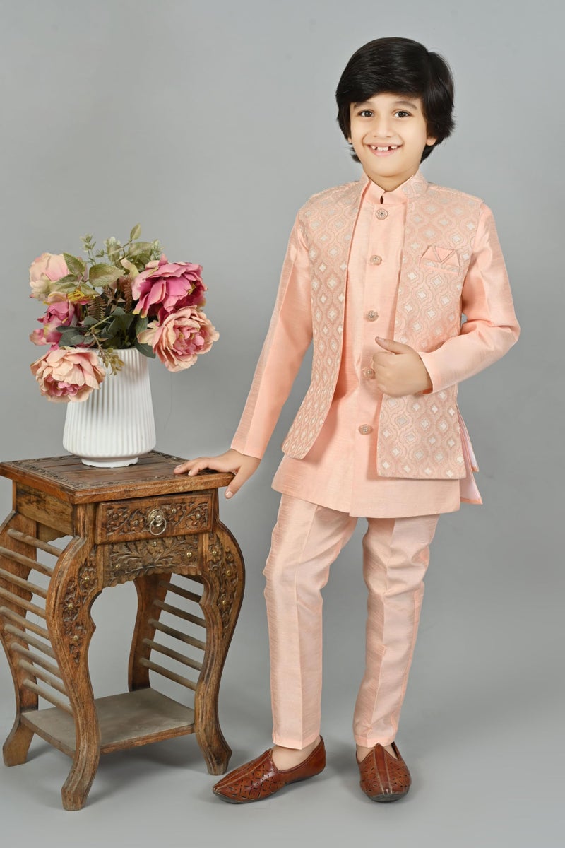 AHHAAAA Kids Indian Ethnic Velvet Solid Waistcoat Silk Kurta Pyjama Set Bollywood Style Wedding Ethnic for Boys (Pink, 2-3 Years) - Image 2
