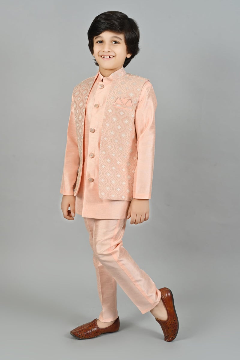 AHHAAAA Kids Indian Ethnic Velvet Solid Waistcoat Silk Kurta Pyjama Set Bollywood Style Wedding Ethnic for Boys (Pink, 2-3 Years) - Image 4