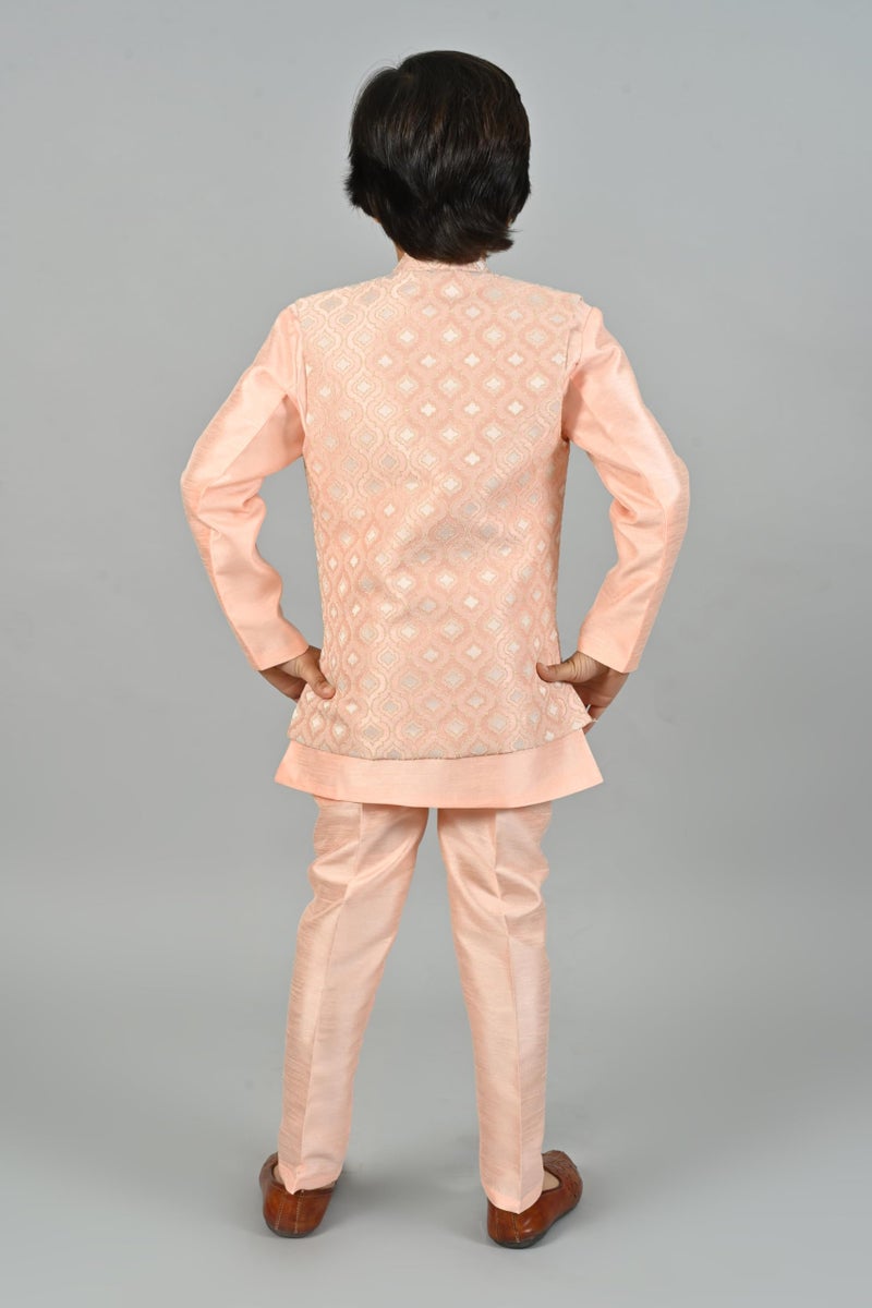 AHHAAAA Kids Indian Ethnic Velvet Solid Waistcoat Silk Kurta Pyjama Set Bollywood Style Wedding Ethnic for Boys (Pink, 2-3 Years) - Image 3