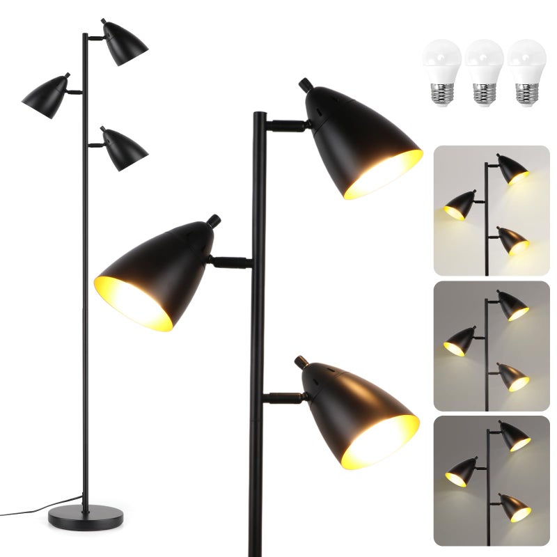 LALISU Tree Floor Lamp for Living Room, Industrial 3-Light Standing Lamp with 3 LED Bulbs, Adjustable Rotation Heads, Standing Tall Pole Lamp Farmhouse Rustic Reading Lamps for Bedroom Office (Black) - Image 1