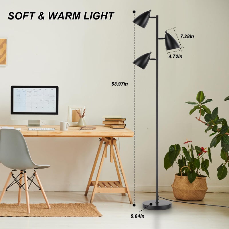 LALISU Tree Floor Lamp for Living Room, Industrial 3-Light Standing Lamp with 3 LED Bulbs, Adjustable Rotation Heads, Standing Tall Pole Lamp Farmhouse Rustic Reading Lamps for Bedroom Office (Black) - Image 4