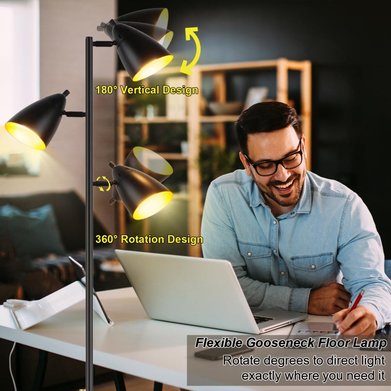 LALISU Tree Floor Lamp for Living Room, Industrial 3-Light Standing Lamp with 3 LED Bulbs, Adjustable Rotation Heads, Standing Tall Pole Lamp Farmhouse Rustic Reading Lamps for Bedroom Office (Black) - Image 3