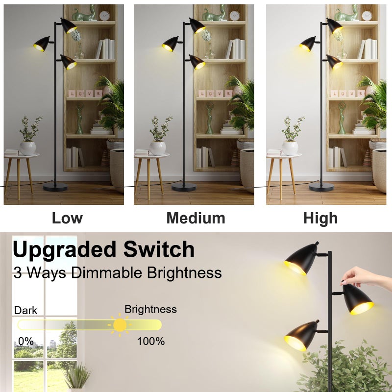 LALISU Tree Floor Lamp for Living Room, Industrial 3-Light Standing Lamp with 3 LED Bulbs, Adjustable Rotation Heads, Standing Tall Pole Lamp Farmhouse Rustic Reading Lamps for Bedroom Office (Black) - Image 2
