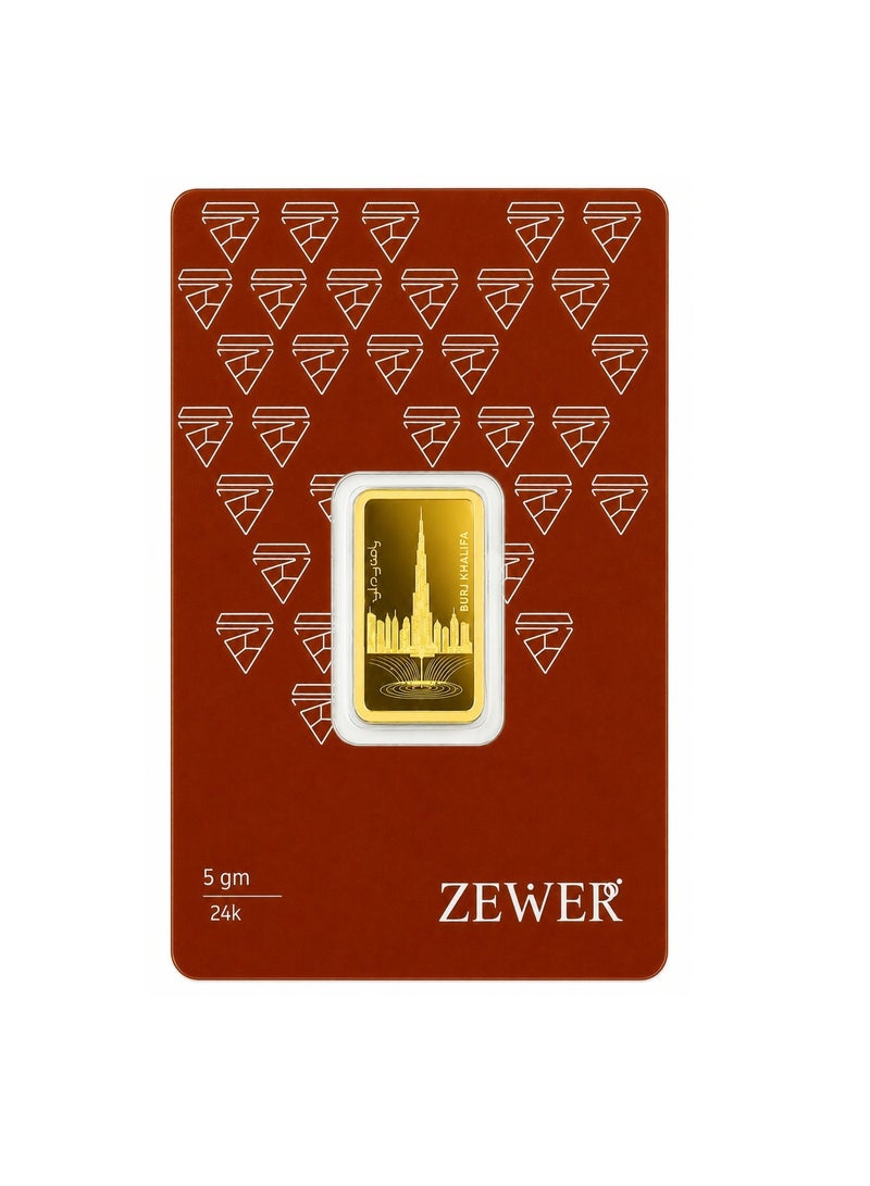 Zewer 5g 24K 999.9 Fine Gold Bar with Burj Khalifa Design - Image 2