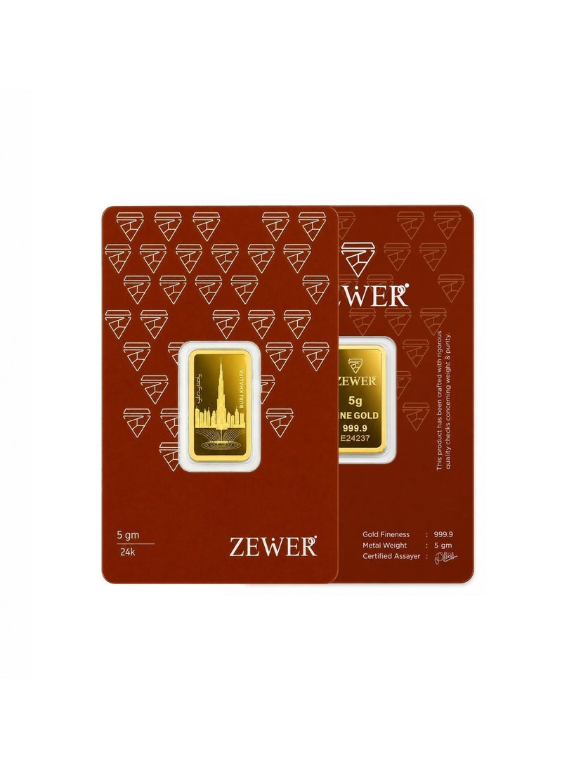 Zewer 5g 24K 999.9 Fine Gold Bar with Burj Khalifa Design - Image 3