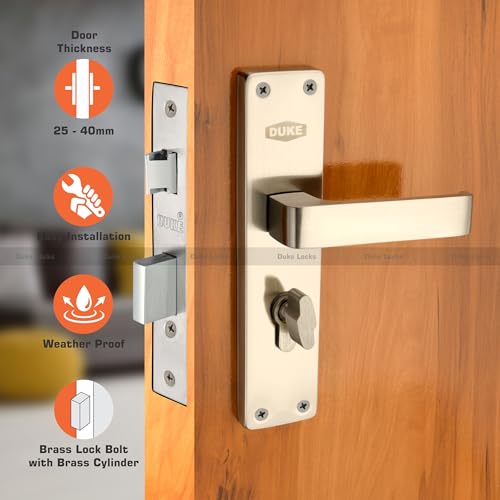 DUKE Mortice Door Handle Set with Lock, SS Finish, Weather Proof, 25-40mm Door Thickness, Brass Cylinder with 3 Keys - Image 2