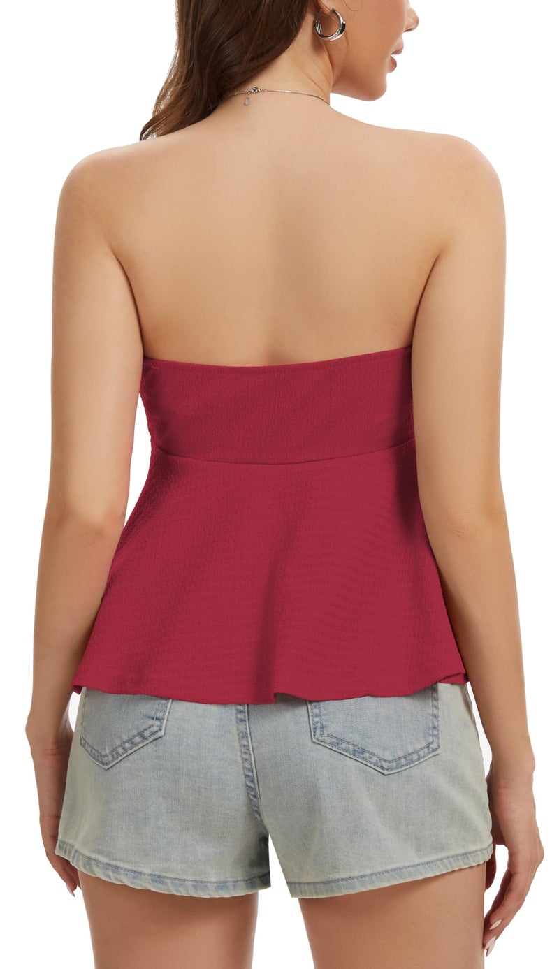 CHICGAL Tube Tops for Women Strapless Tie Front Ruched Tops Peplum Flared Hem Casual Bandeau Top(Red,M) - Image 5