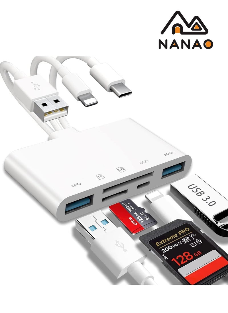 NANAO - 5-in-1 Memory Card Reader, USB OTG Adapter & SD Card Reader for iPhone/iPad, USB C and USB A Devices with Micro SD & SD Card Slots, OTG Adapter for SD/Micro SD/SDHC/SDXC/MMC - Image 1