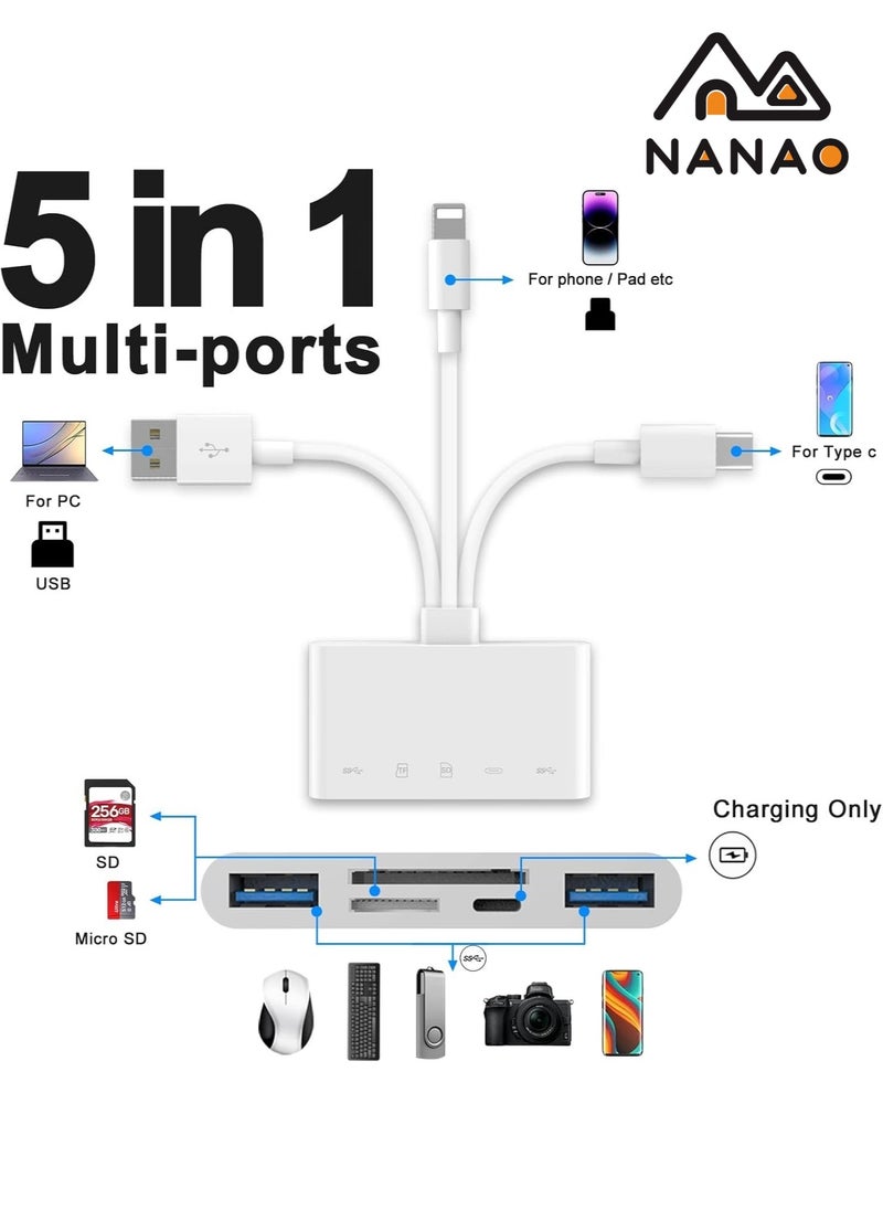 NANAO - 5-in-1 Memory Card Reader, USB OTG Adapter & SD Card Reader for iPhone/iPad, USB C and USB A Devices with Micro SD & SD Card Slots, OTG Adapter for SD/Micro SD/SDHC/SDXC/MMC - Image 1