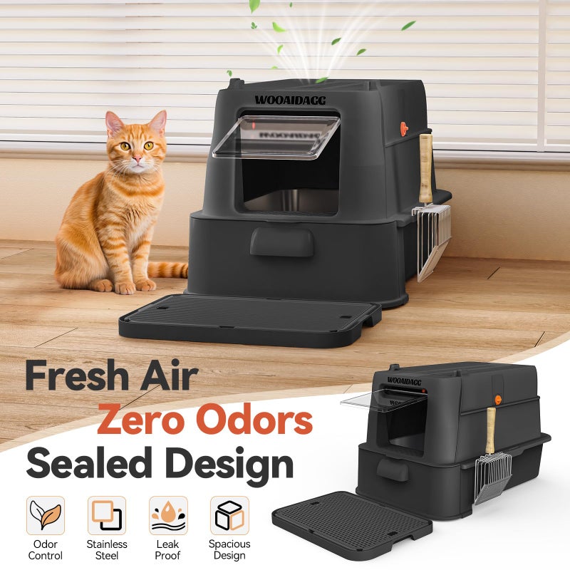 Wooaidagg Enclosed Stainless Steel Cat Litter Box with Odor Control, Modular Design with Drawer and Flip Door, Easy to Clean and Wash,Non-Stick Interior,Extra Large Size Fits All Cats(Black) - Image 4