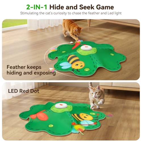 FEELNEEDY Rechargeable Cat Toys, 2 in 1 Hide and Seek Game Interactive Cat Toy, Movable LED Red Dot, Concealed Feathers, Durable Exercise Toys for Indoor Cats, Bored Adult Cats Wand Toy, Green - Image 2