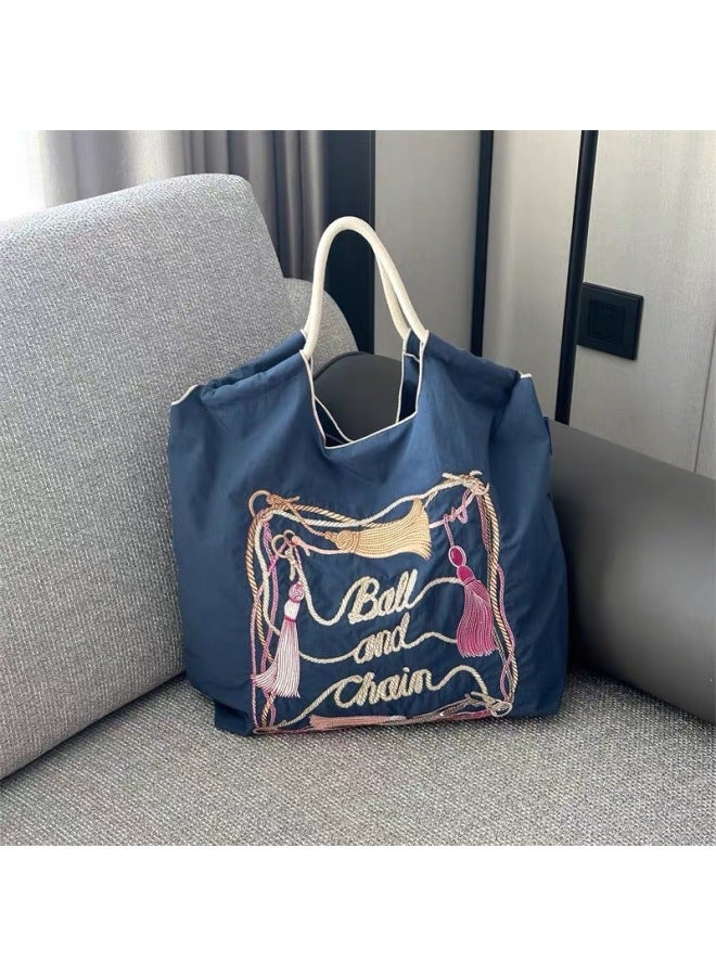 Fashionable Summer Japanese Style Ball Chain Embroidery Large Capacity Women's Shoulder Bag Trendy Crossbody Bag For Motorcycle-Color:Blue Tassel Frame-Size:Large - Image 1