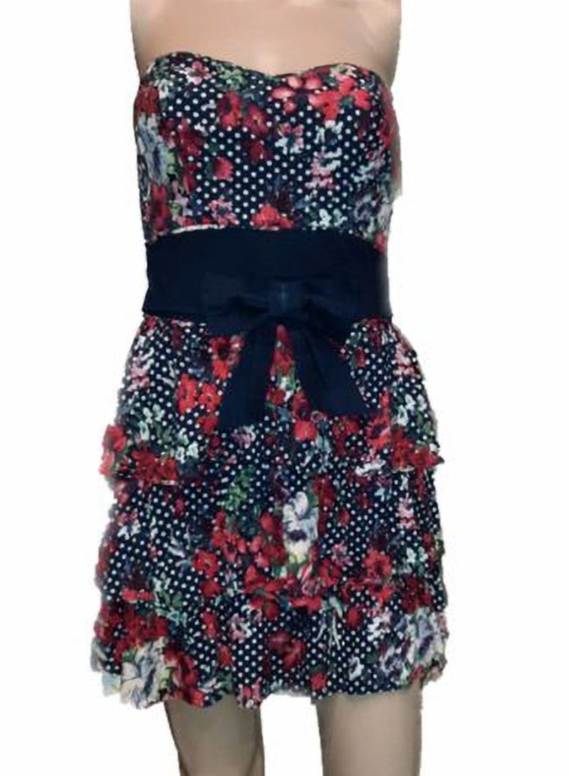 Women floral polka dots short layered strapless bow dress 