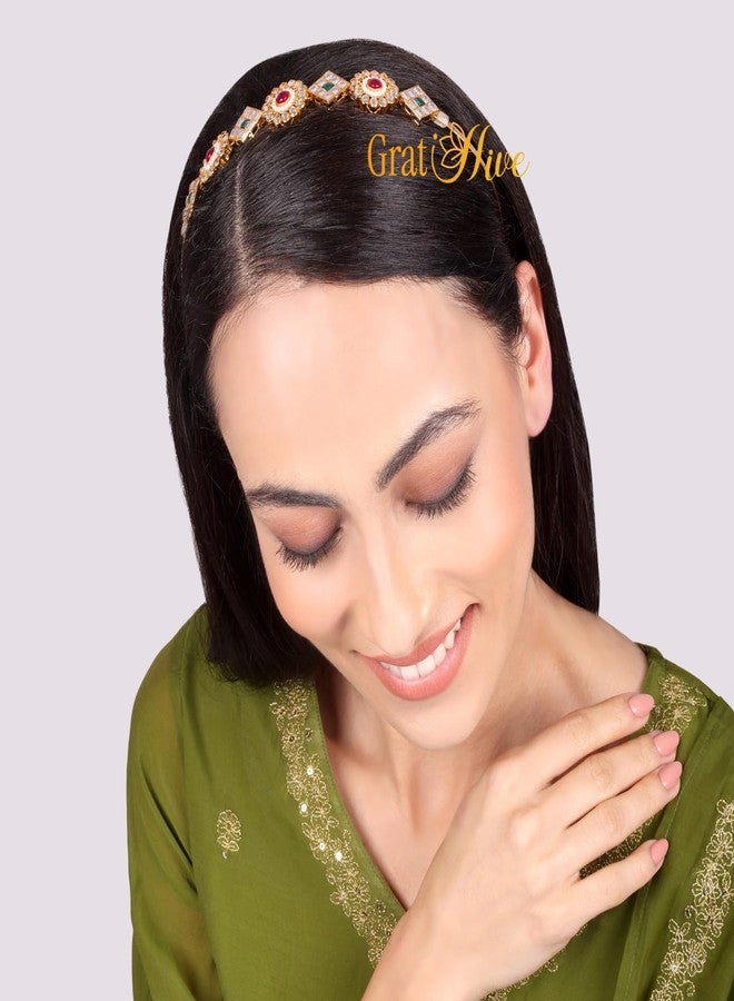 طوق شعر كوندان ماثاباتي للنساء من غراتيهيف | طوق شعر مرصع بأحجار حمراء وخضراء للنساء | طوق رأس تقليدي بدون مانغ تيكا للفتيات | طوق شعر كوندان (عبوة من قطعة واحدة) - Image 5
