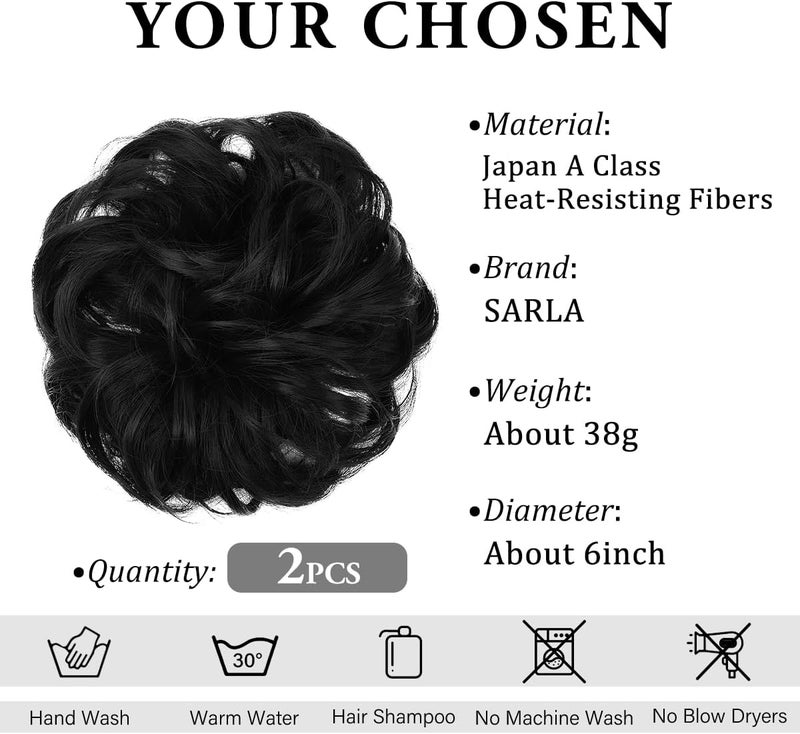 SARLA 2PCS Messy Hair Bun Hair Piece Small Scrunchies Synthetic Bun Hairpieces for Women Girls Updo Hair Extensions (Jet Black) - Image 3