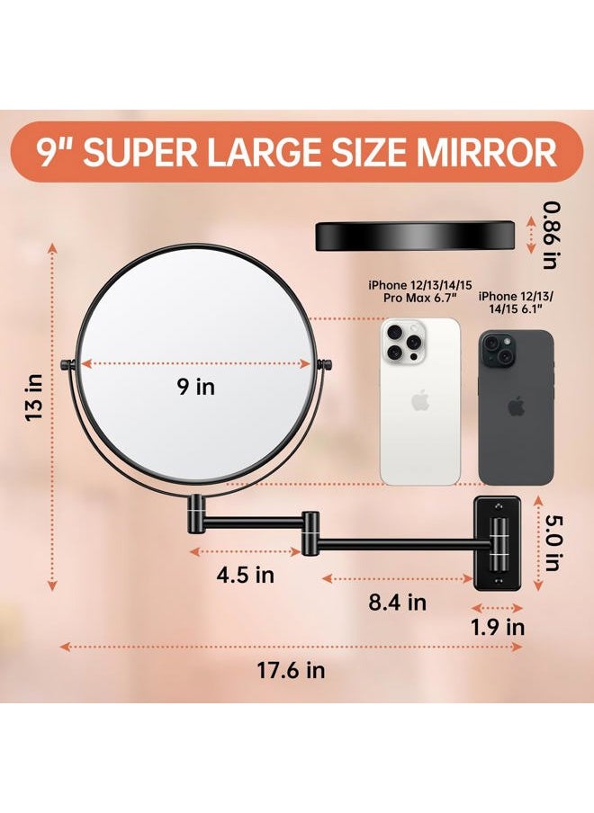 Benbilry - 9" Large Size Wall Mounted Makeup Mirror, 1X/10X Magnifying Double Sided Shaving Mirror for Bathroom, 360° Swivel Extendable Arm Black - Image 1