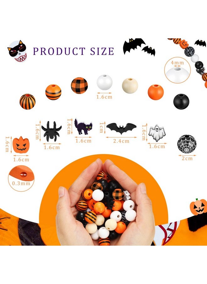 Waydress 200 PCS Halloween Wood Beads Buffalo Plaid Beads Pumpkin Bat Wooden Bead Craft Wooden Bead Buffalo Plaid Stripes Styles Wood Bead for Halloween Decoration DIY Home Decor(Pumpkin)  - Image 2