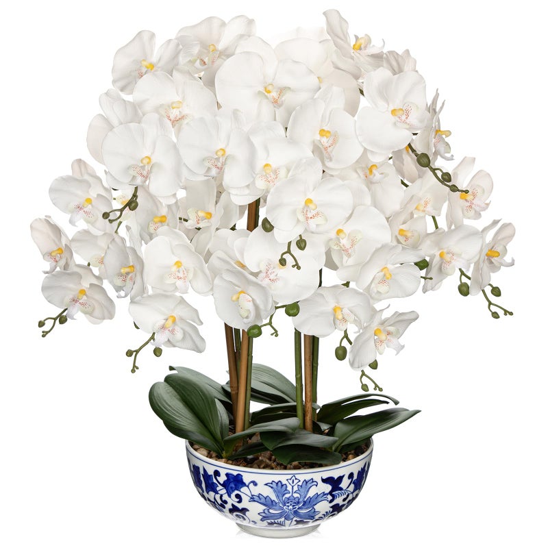Briful Large Orchid Fake Flower in Blue and White Porcelain Bowl 24.8" White Orchid Silk Floral Arrangement Faux Phalaenopsis Flower for Home Office Room Kitchen Table Centerpiece Decor - Image 1