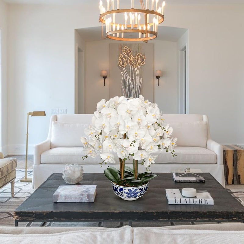 Briful Large Orchid Fake Flower in Blue and White Porcelain Bowl 24.8" White Orchid Silk Floral Arrangement Faux Phalaenopsis Flower for Home Office Room Kitchen Table Centerpiece Decor - Image 4