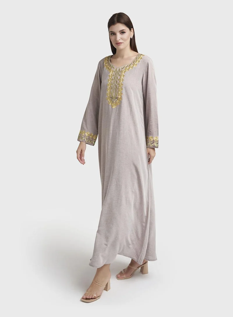 Kashkha  Mocha Machine Embroidered Jalabiya (VG2969) for Women | Best Price UAE